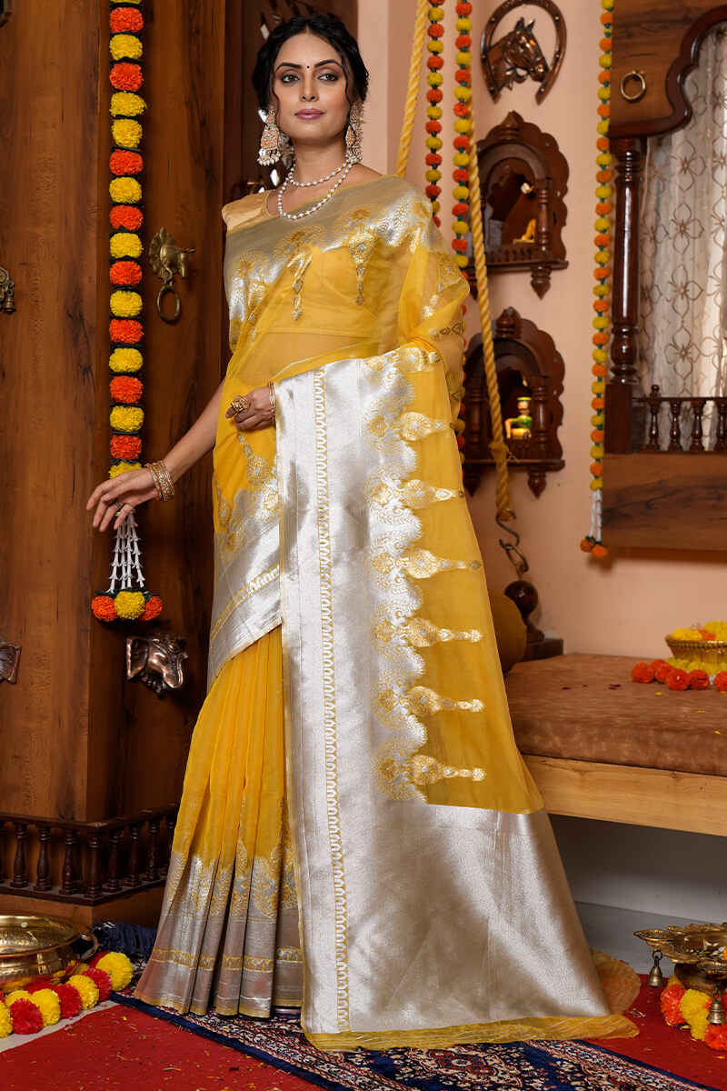 Demesne Mustard Organza Silk Saree With Radiant Blouse Piece