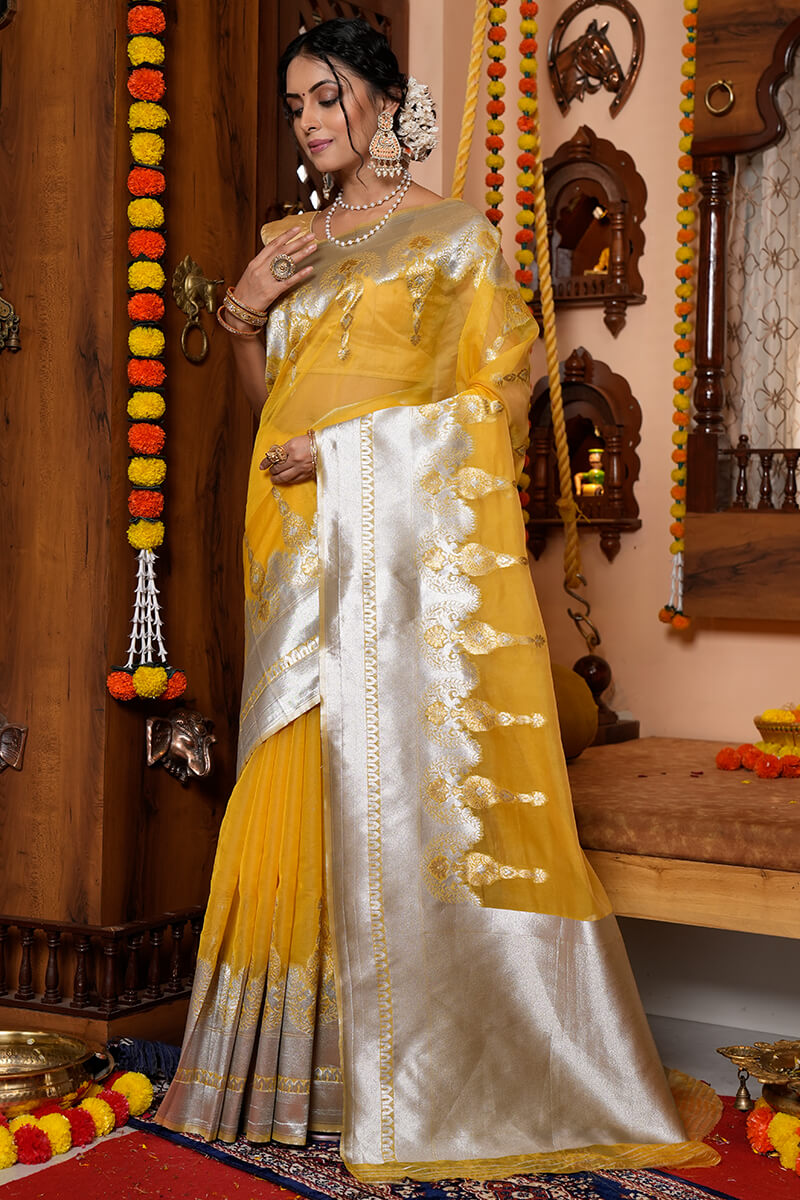 Demesne Mustard Organza Silk Saree With Radiant Blouse Piece