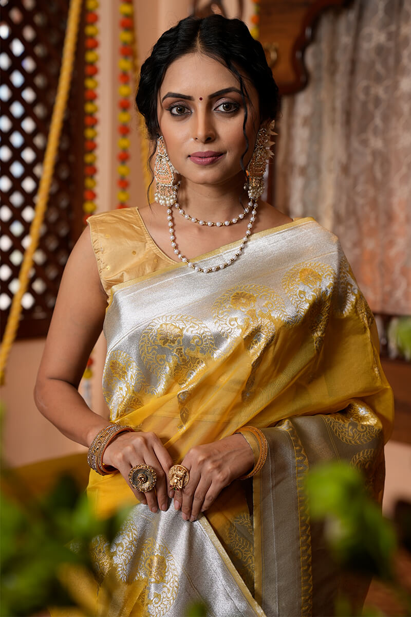 Demesne Mustard Organza Silk Saree With Radiant Blouse Piece