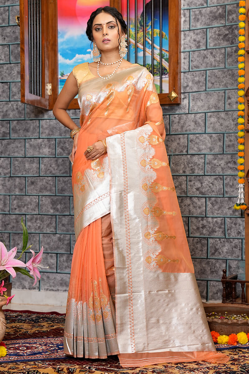 Dalliance Orange Organza Silk Saree With Panache Blouse Piece