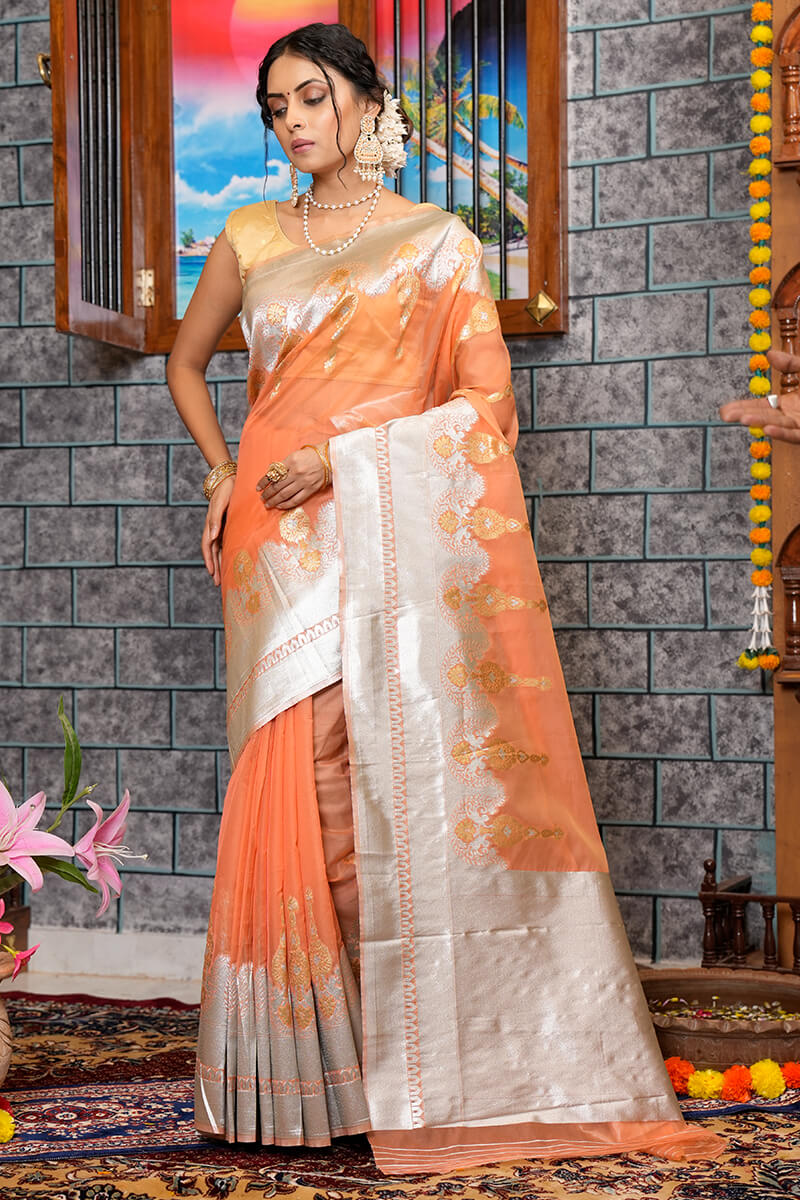 Dalliance Orange Organza Silk Saree With Panache Blouse Piece