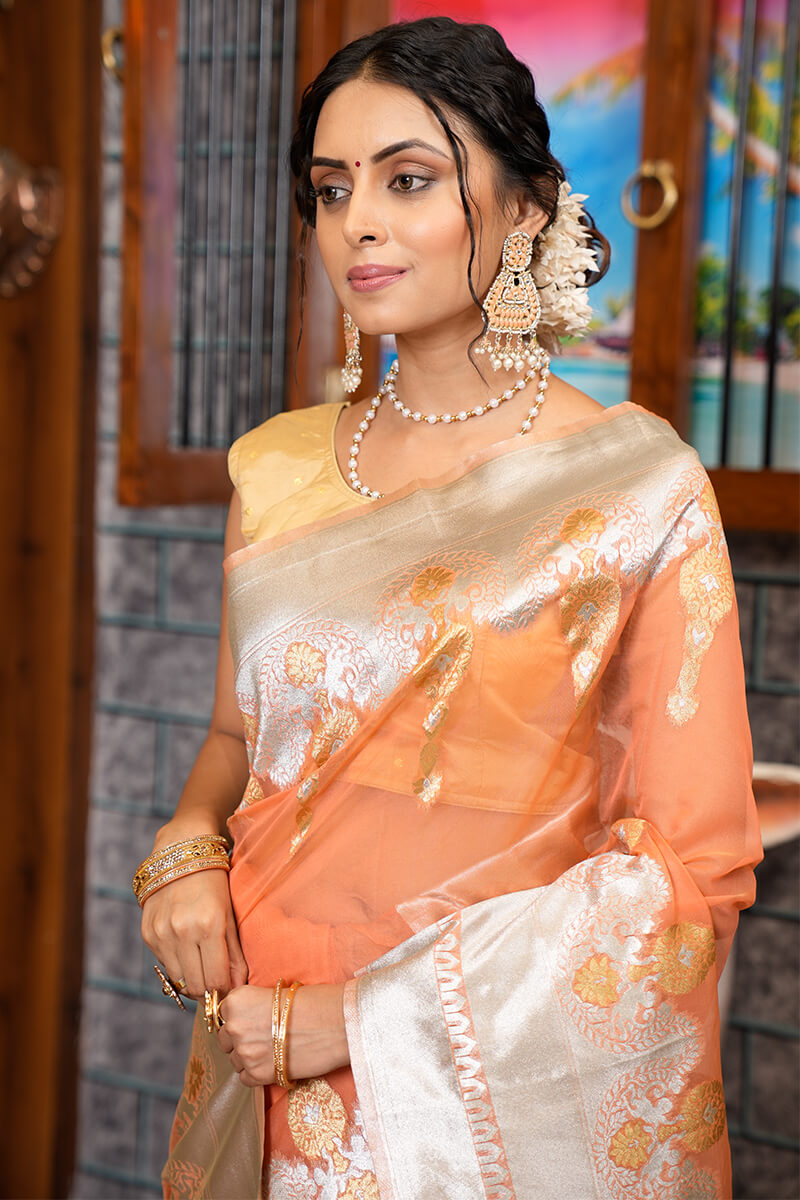 Dalliance Orange Organza Silk Saree With Panache Blouse Piece