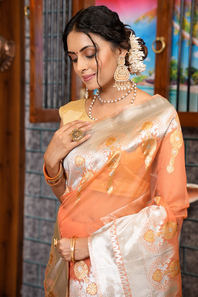 Dalliance Orange Organza Silk Saree With Panache Blouse Piece