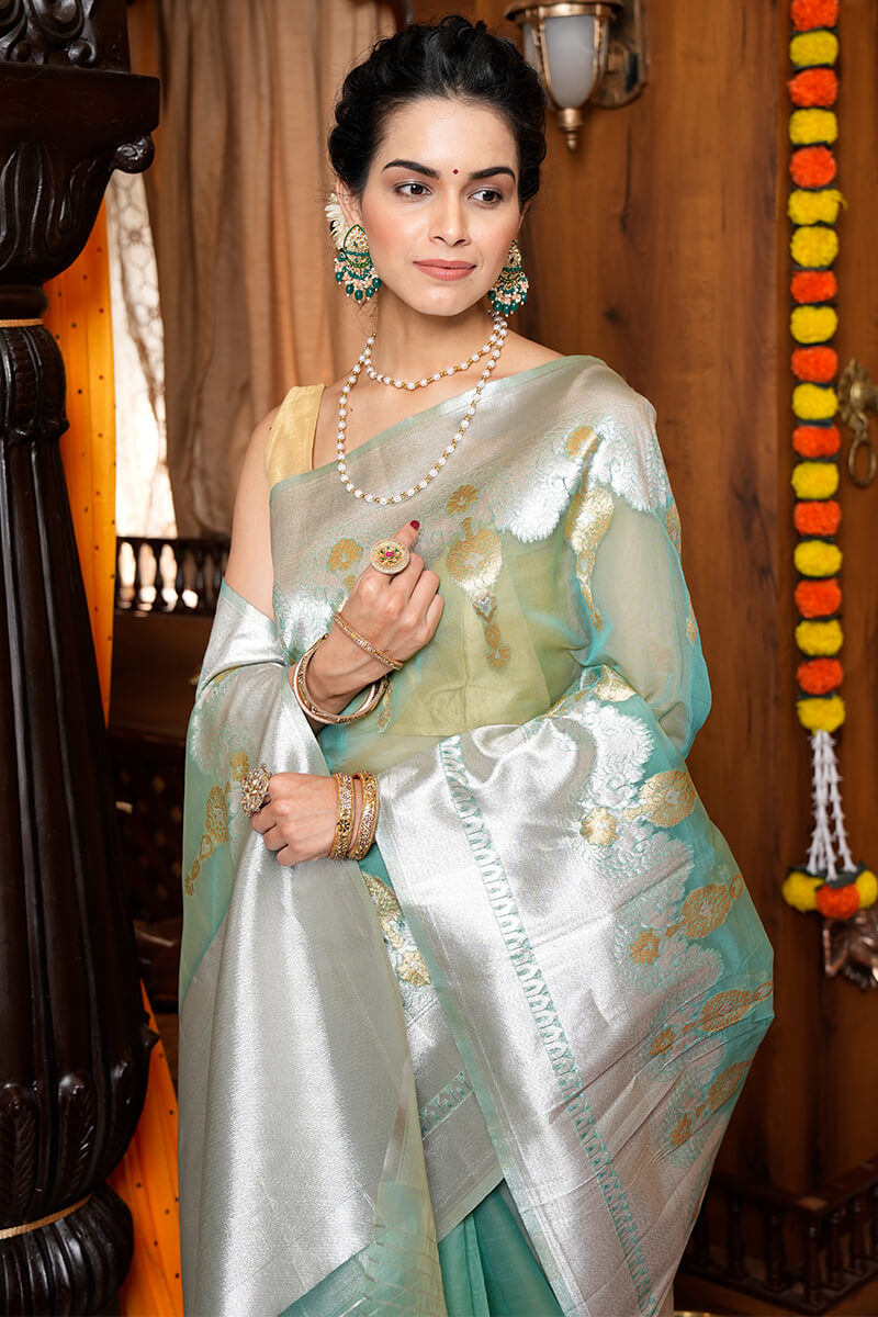 Symmetrical Sea Green Organza Silk Saree With Epiphany Blouse Piece