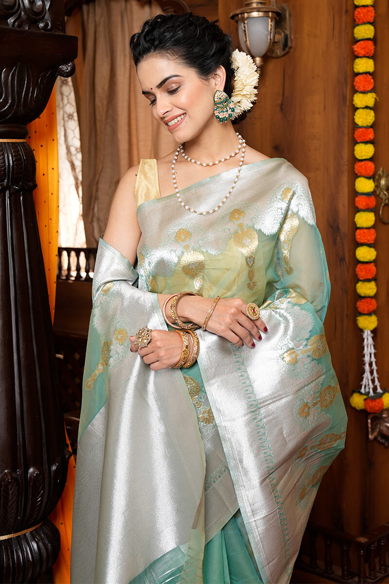 Symmetrical Sea Green Organza Silk Saree With Epiphany Blouse Piece