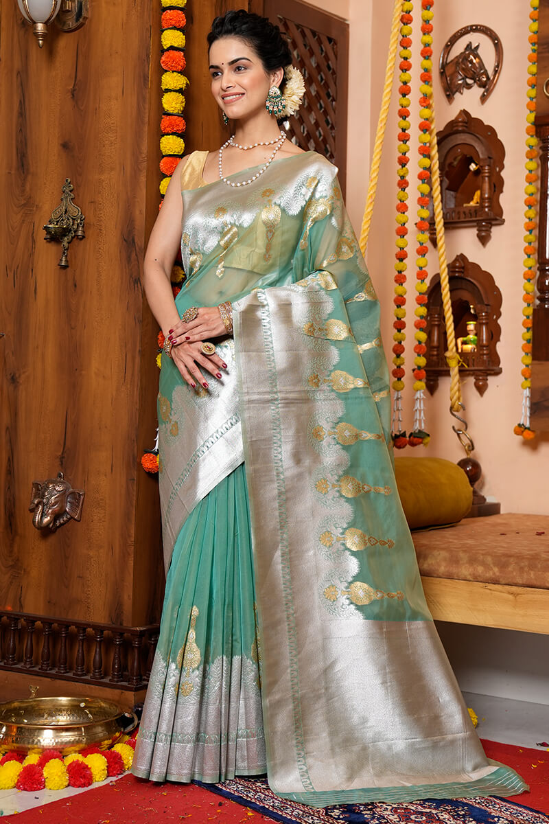 Symmetrical Sea Green Organza Silk Saree With Epiphany Blouse Piece