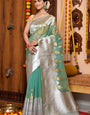 Symmetrical Sea Green Organza Silk Saree With Epiphany Blouse Piece