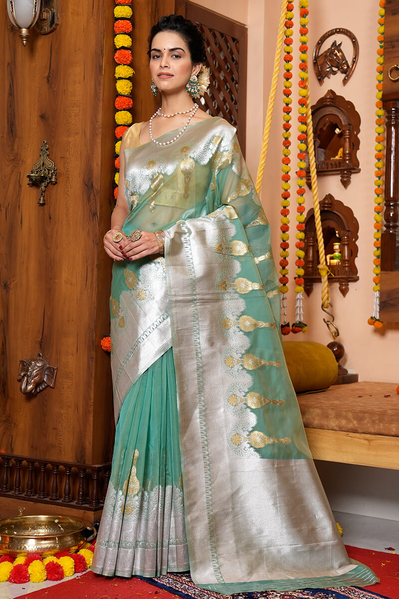 Symmetrical Sea Green Organza Silk Saree With Epiphany Blouse Piece