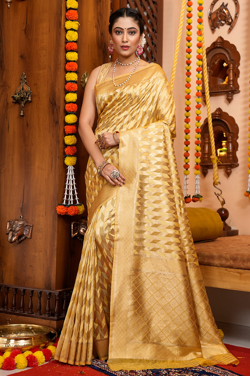 Chatoyant Golden Organza Silk Saree With Scintillating Blouse Piece