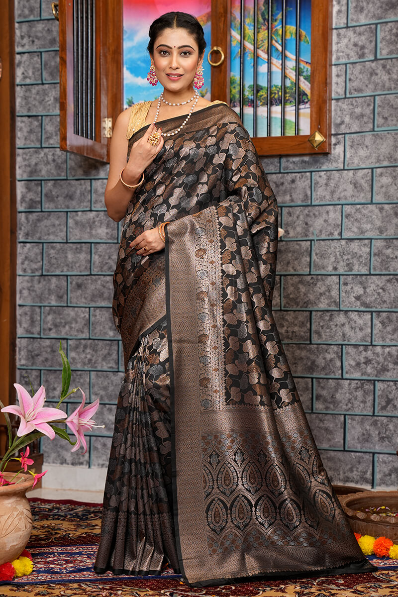 Bucolic Black Kanjivaram Silk Saree With Whimsical Blouse Piece