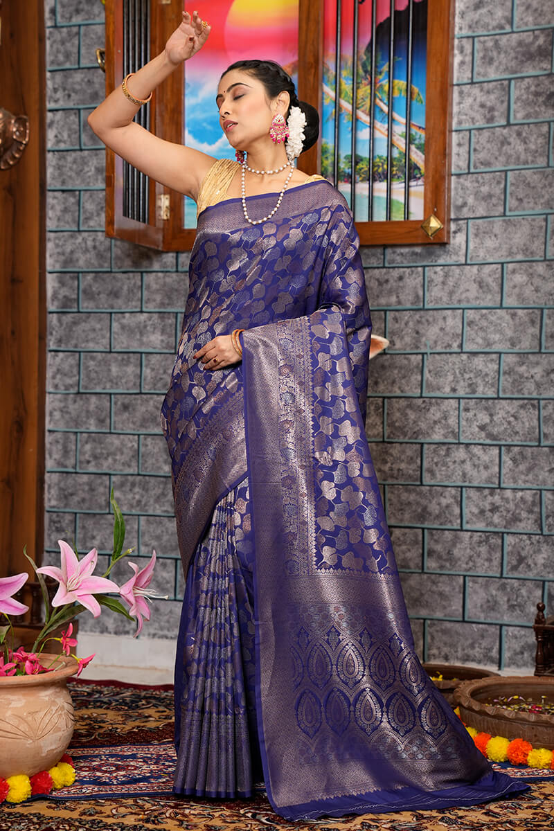 Snazzy Navy Blue Kanjivaram Silk Saree With Ephemeral Blouse Piece