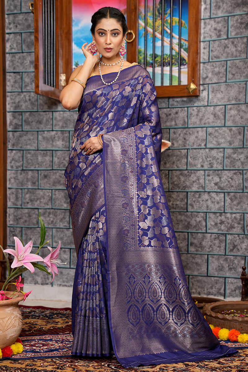 Snazzy Navy Blue Kanjivaram Silk Saree With Ephemeral Blouse Piece