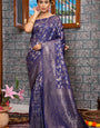 Snazzy Navy Blue Kanjivaram Silk Saree With Ephemeral Blouse Piece