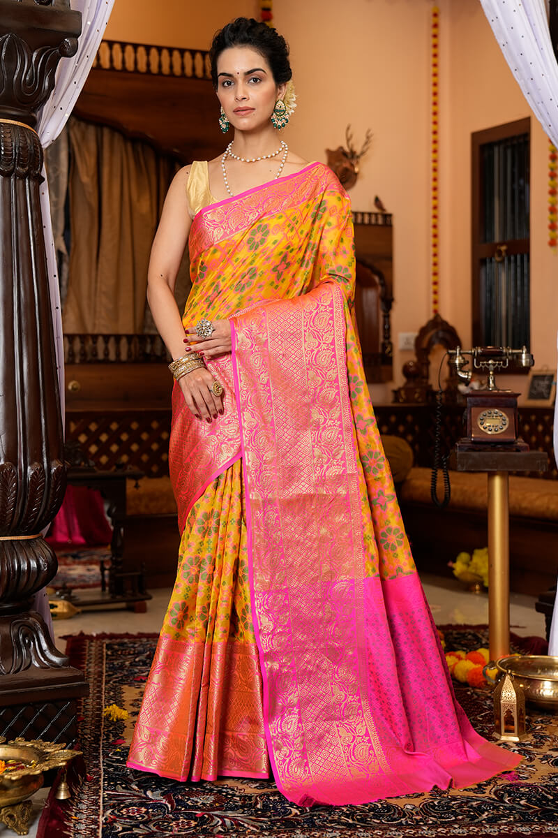 Beleaguer Yellow Organza Silk Saree With Piquant Blouse Piece