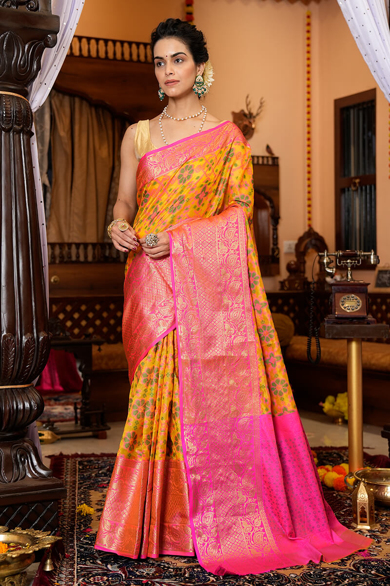 Beleaguer Yellow Organza Silk Saree With Piquant Blouse Piece