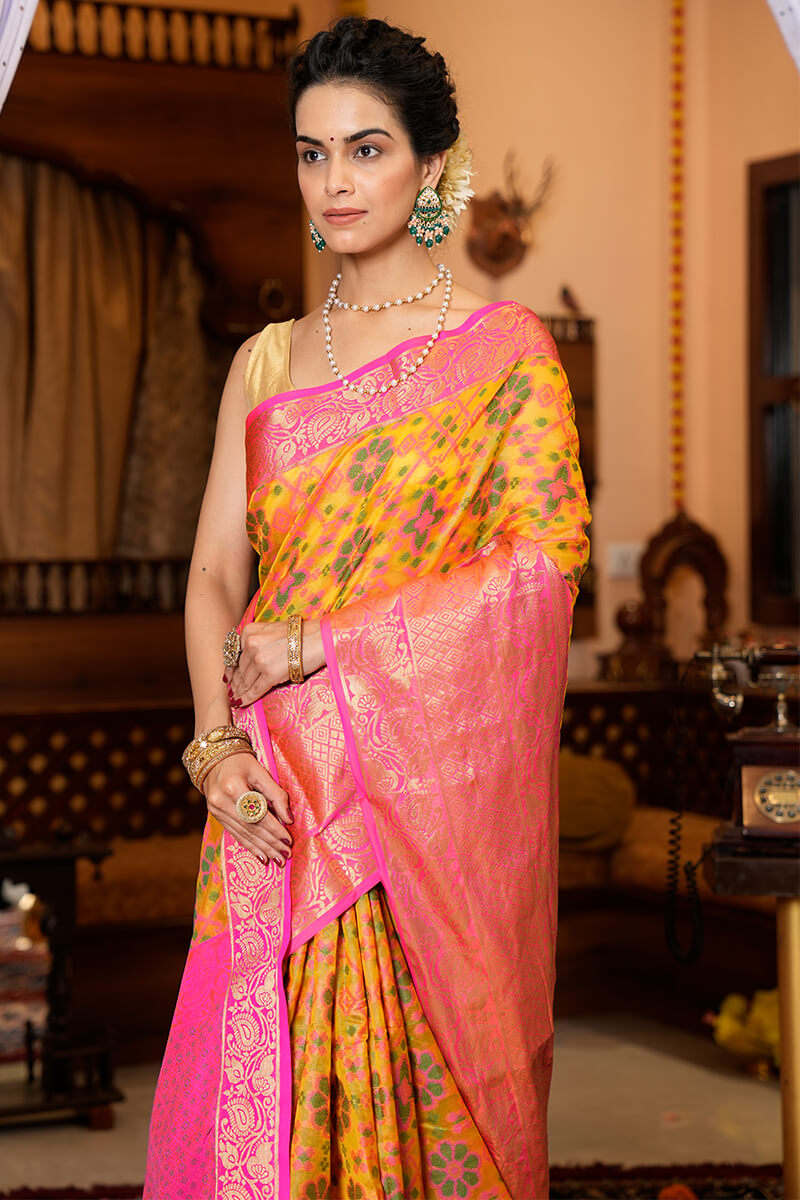 Beleaguer Yellow Organza Silk Saree With Piquant Blouse Piece