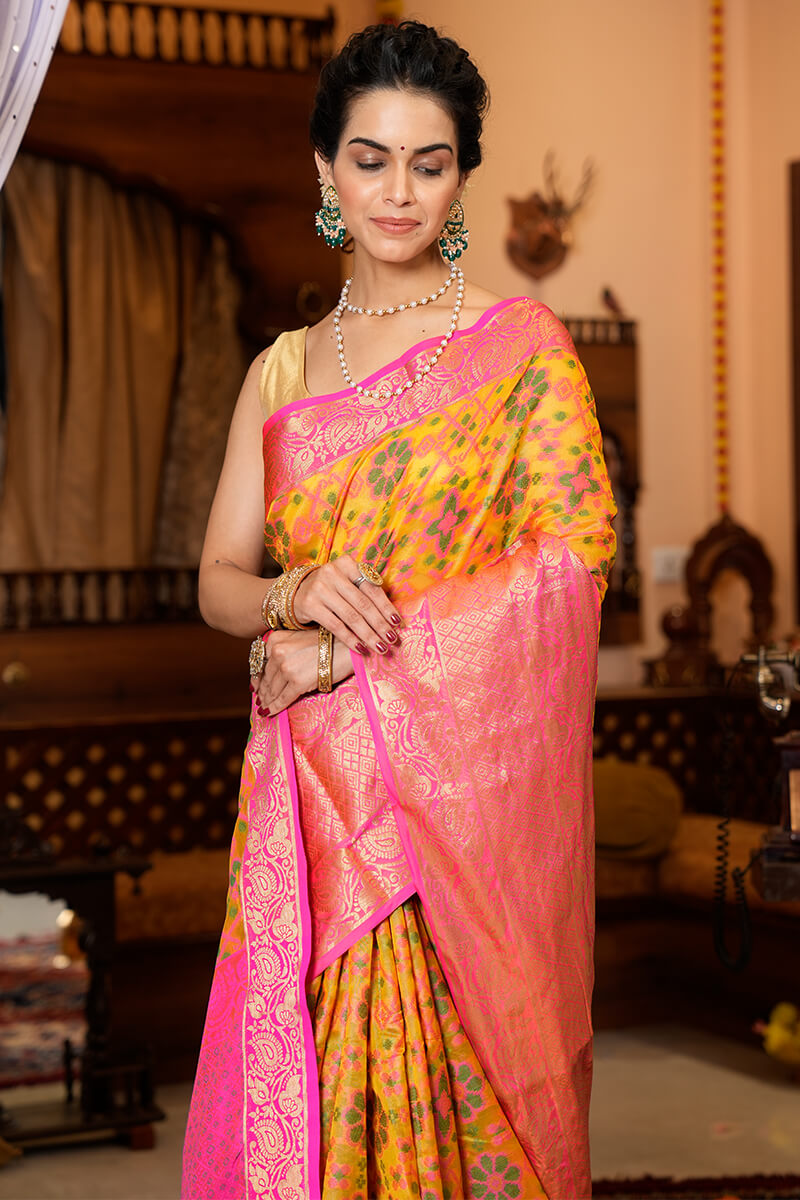 Beleaguer Yellow Organza Silk Saree With Piquant Blouse Piece