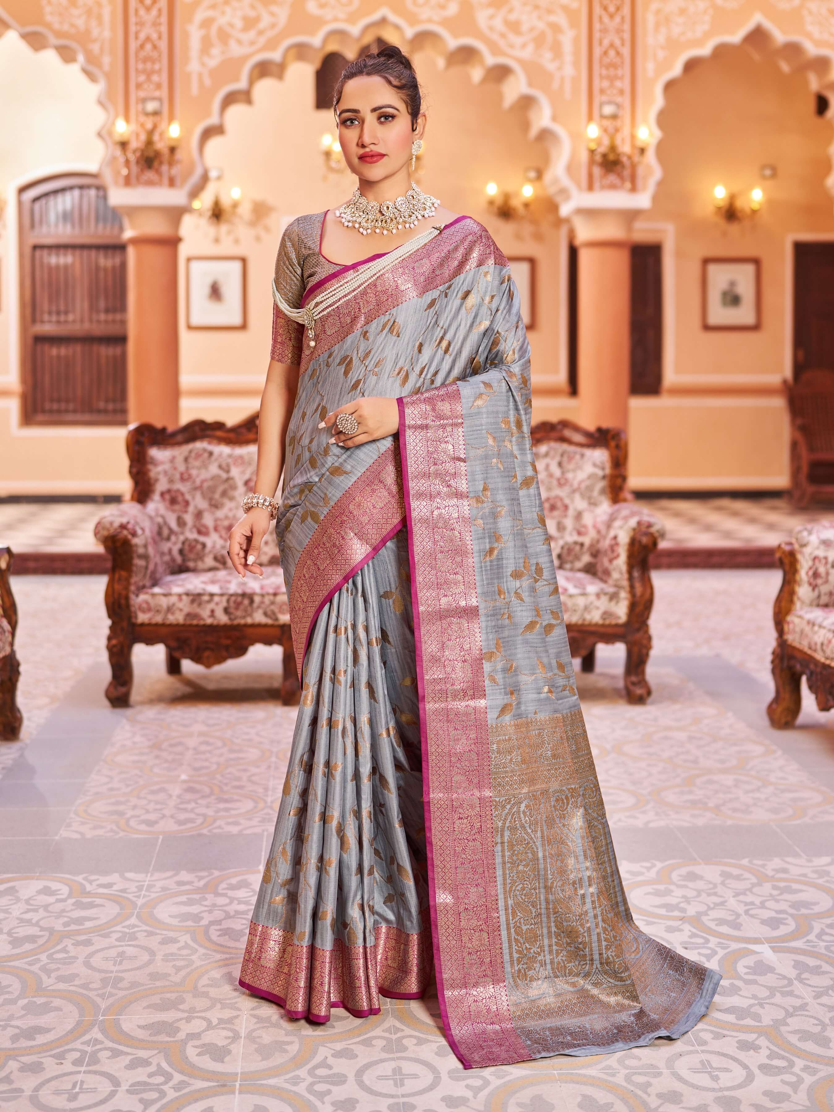 Evocative Grey Soft Banarasi Silk Saree With Most Flattering Blouse Piece