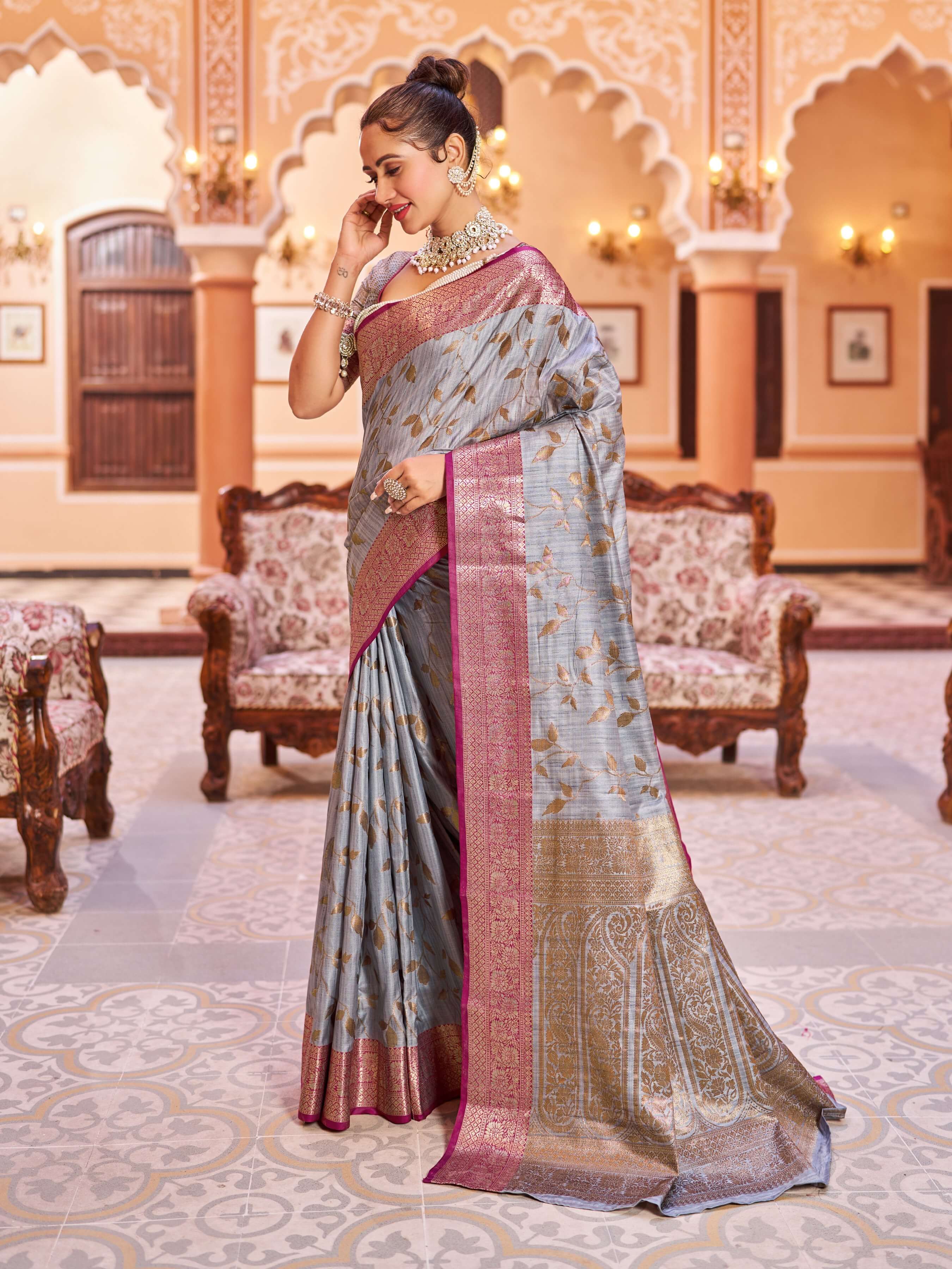 Evocative Grey Soft Banarasi Silk Saree With Most Flattering Blouse Piece