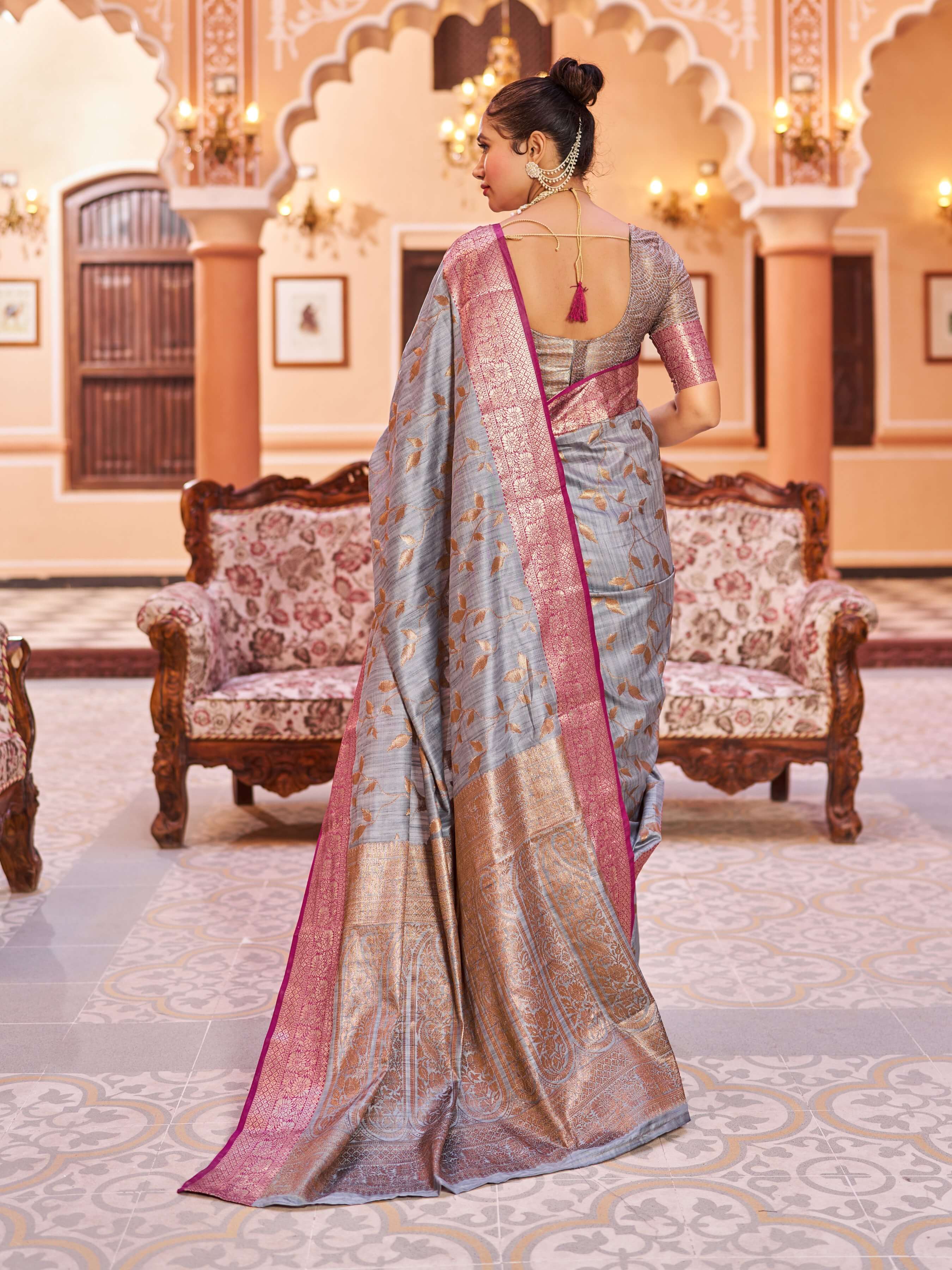 Evocative Grey Soft Banarasi Silk Saree With Most Flattering Blouse Piece