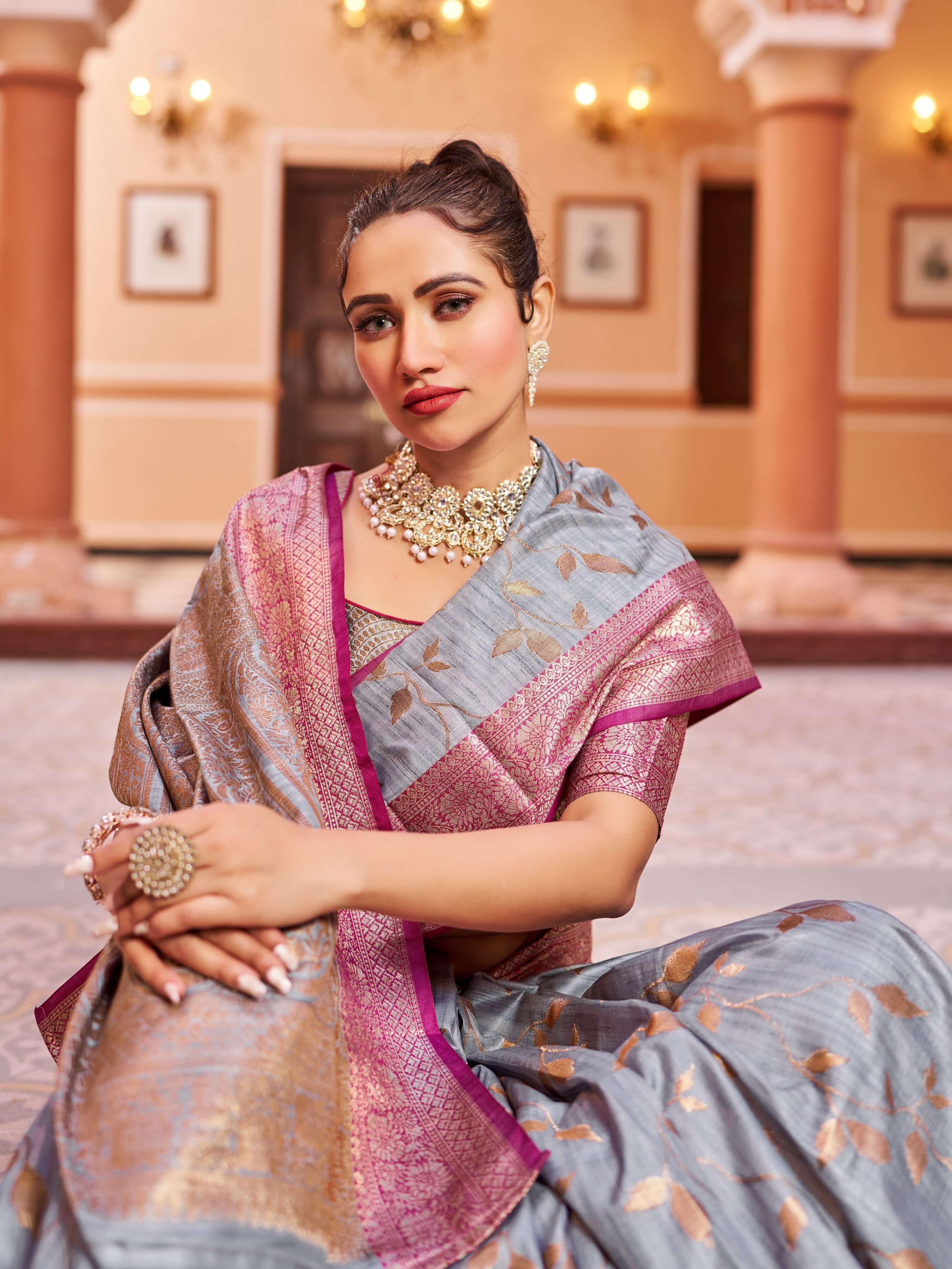 Evocative Grey Soft Banarasi Silk Saree With Most Flattering Blouse Piece