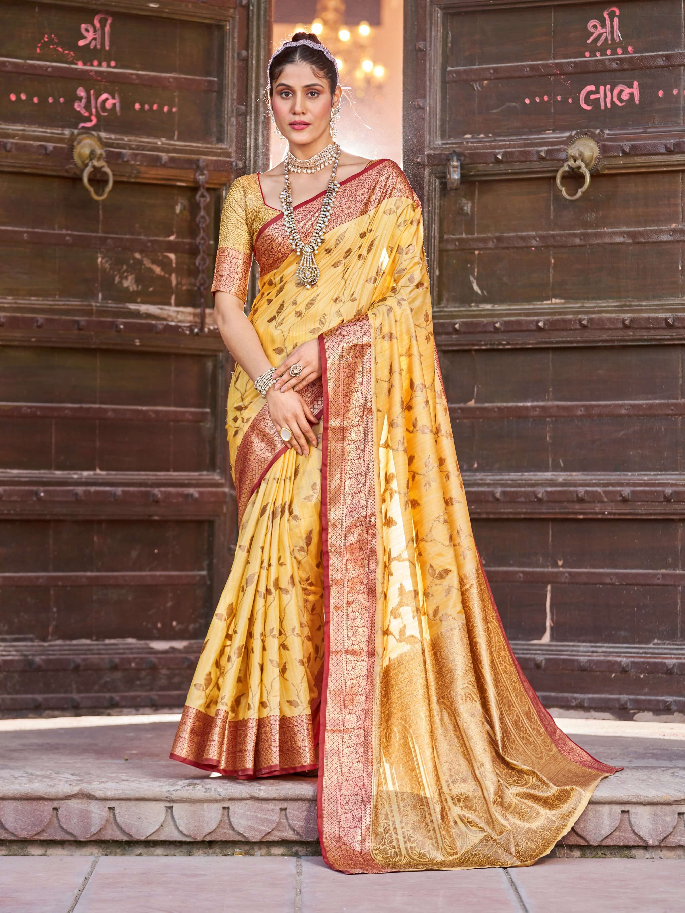 Ephemeral Yellow Soft Banarasi Silk Saree With Twirling Blouse Piece