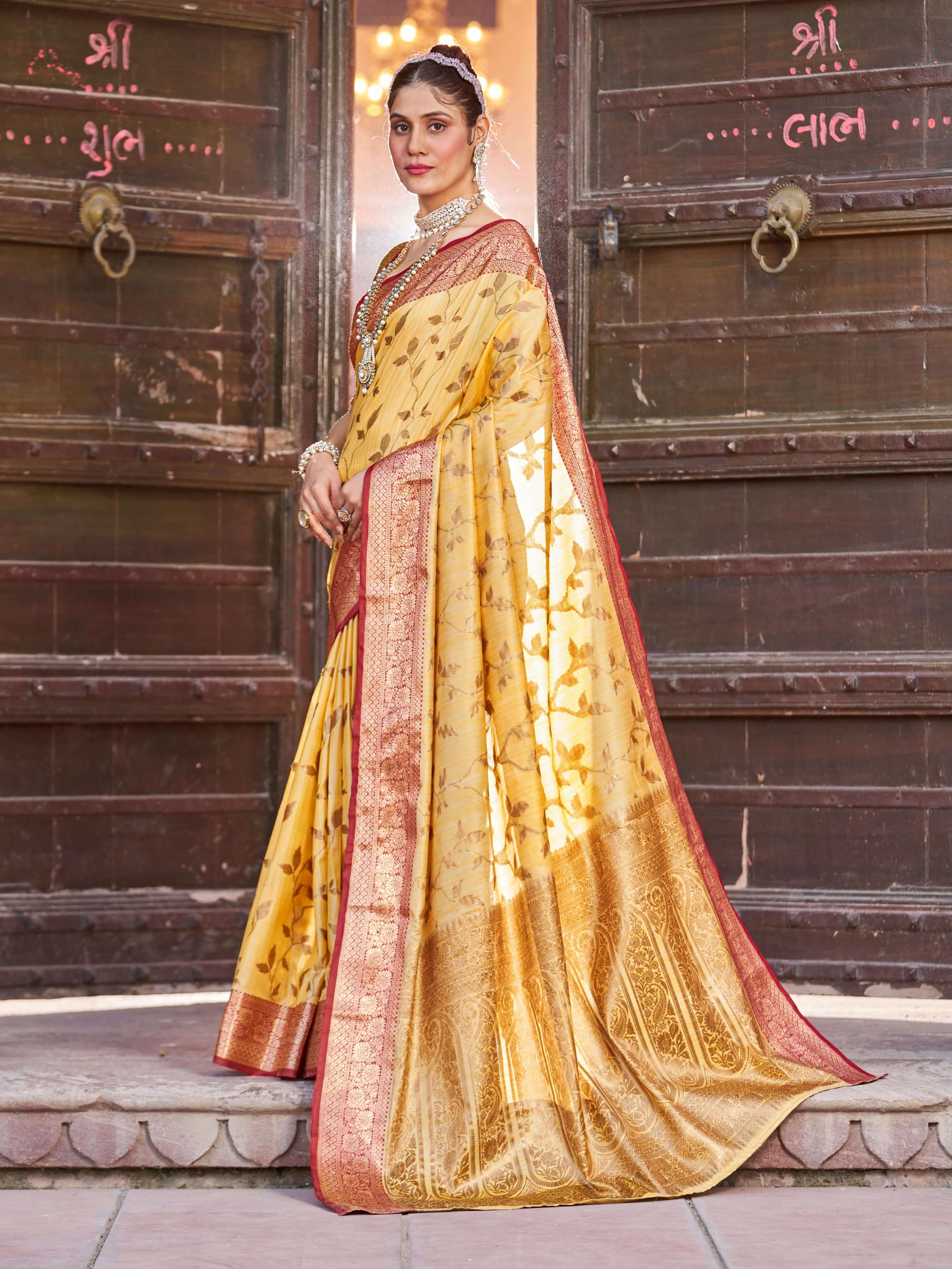 Ephemeral Yellow Soft Banarasi Silk Saree With Twirling Blouse Piece