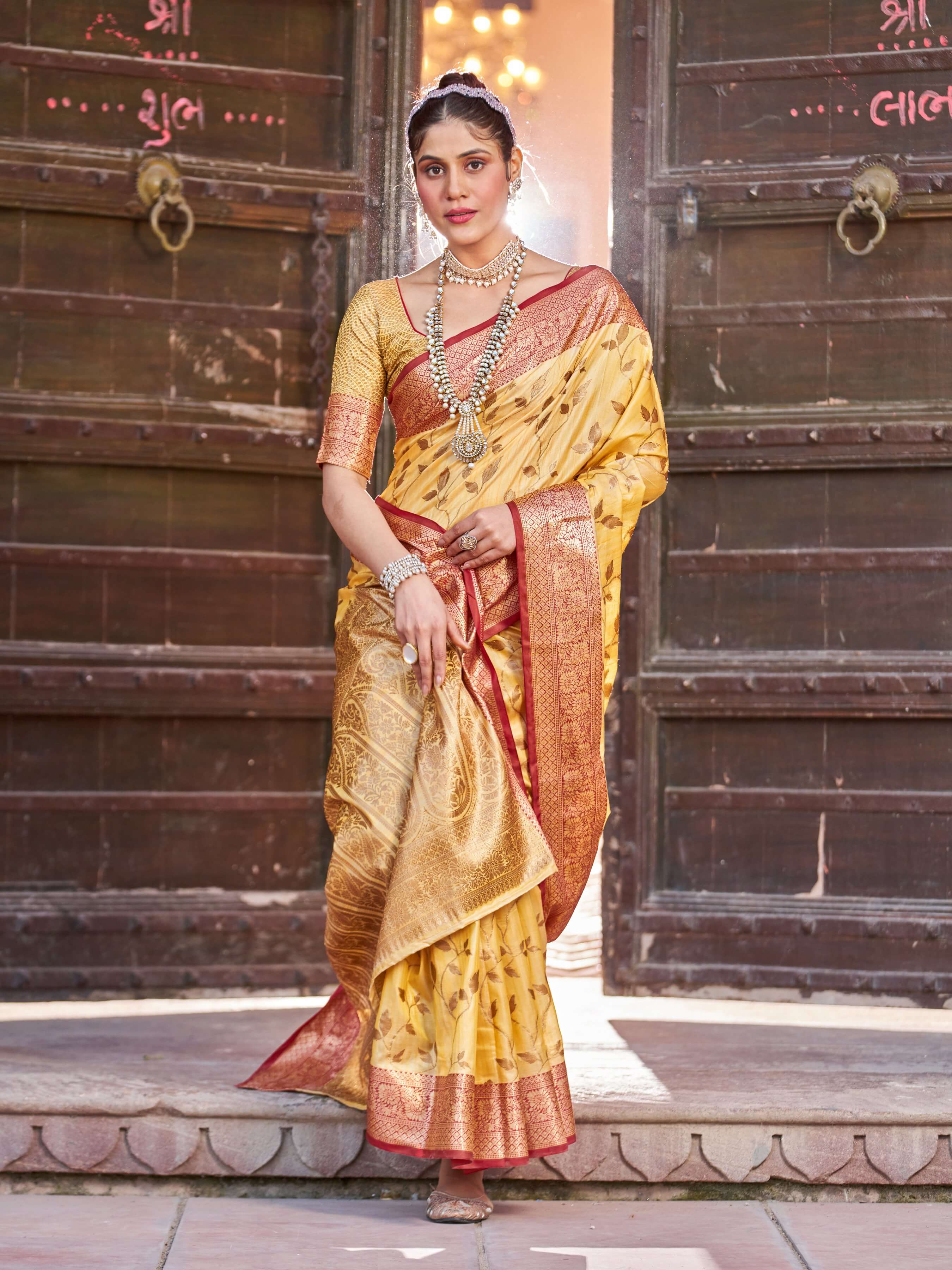 Ephemeral Yellow Soft Banarasi Silk Saree With Twirling Blouse Piece