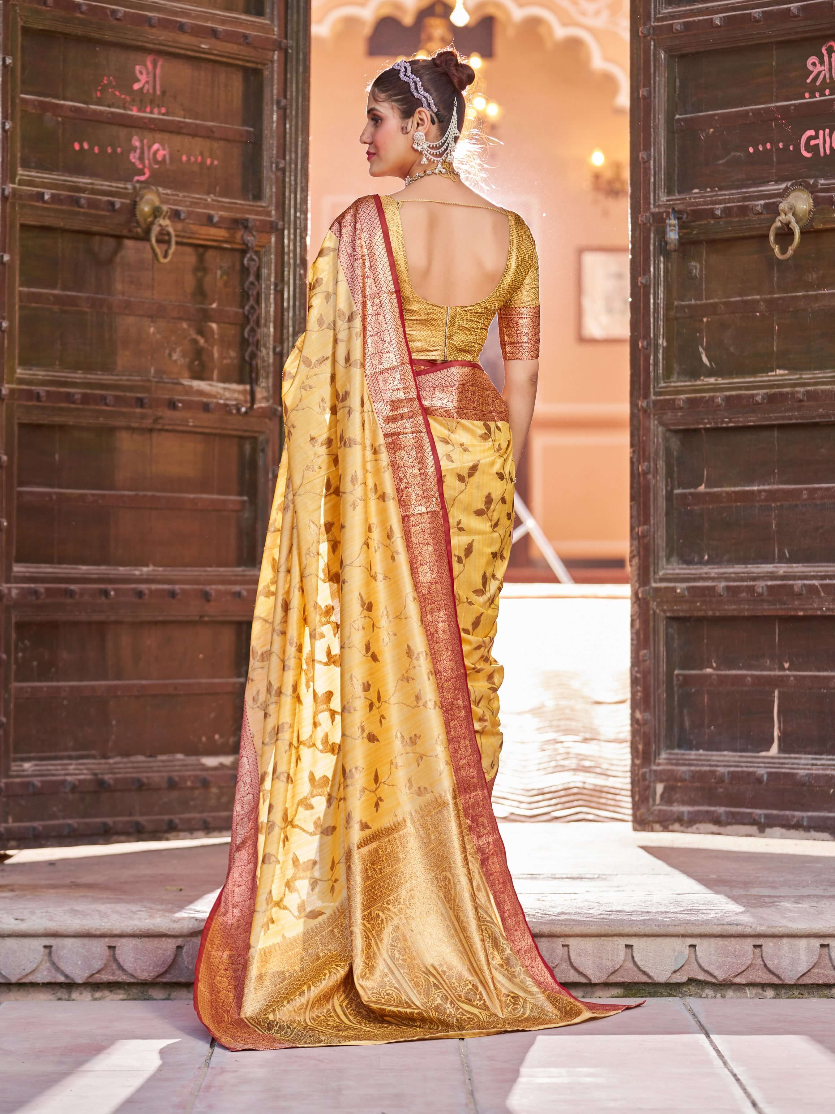 Ephemeral Yellow Soft Banarasi Silk Saree With Twirling Blouse Piece