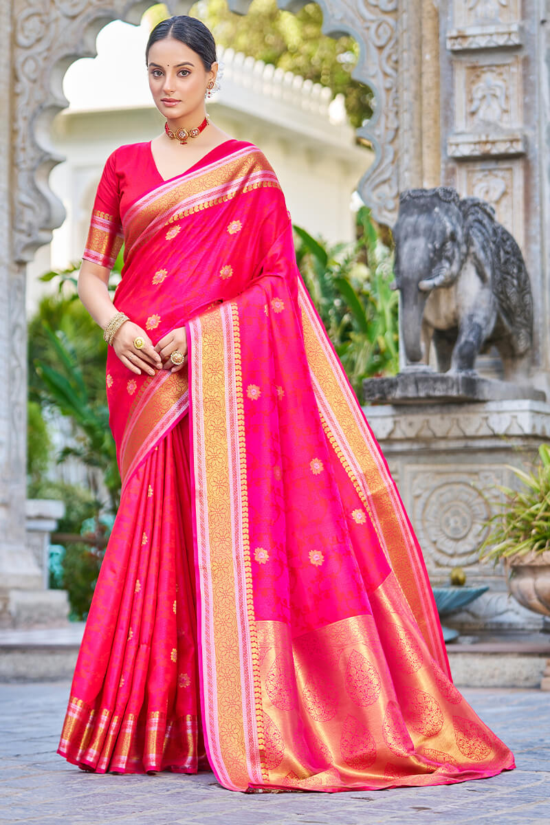 Petrichor Dark Pink Kanjivaram Silk Saree With Angelic Blouse Piece