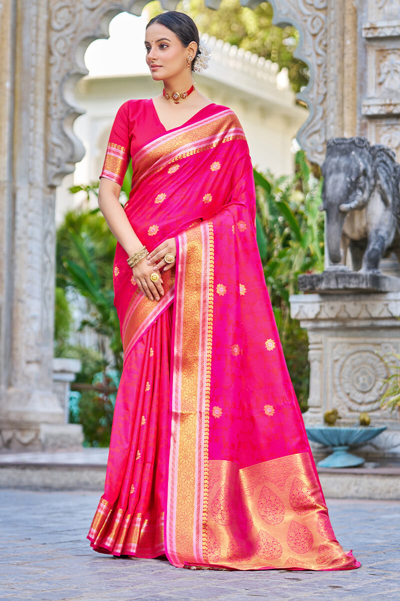 Petrichor Dark Pink Kanjivaram Silk Saree With Angelic Blouse Piece