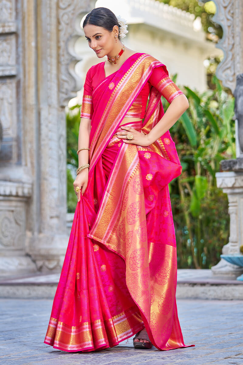 Petrichor Dark Pink Kanjivaram Silk Saree With Angelic Blouse Piece