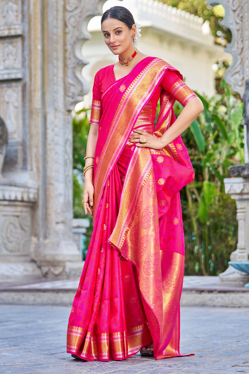 Petrichor Dark Pink Kanjivaram Silk Saree With Angelic Blouse Piece