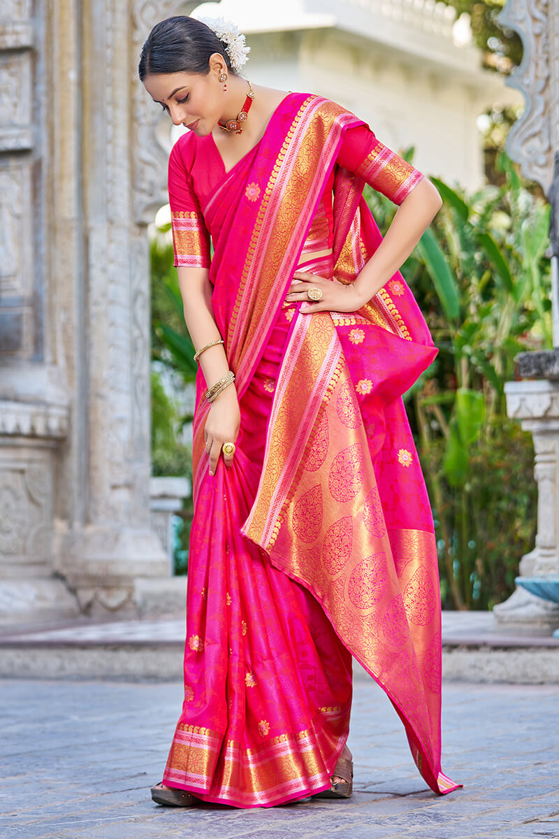 Petrichor Dark Pink Kanjivaram Silk Saree With Angelic Blouse Piece