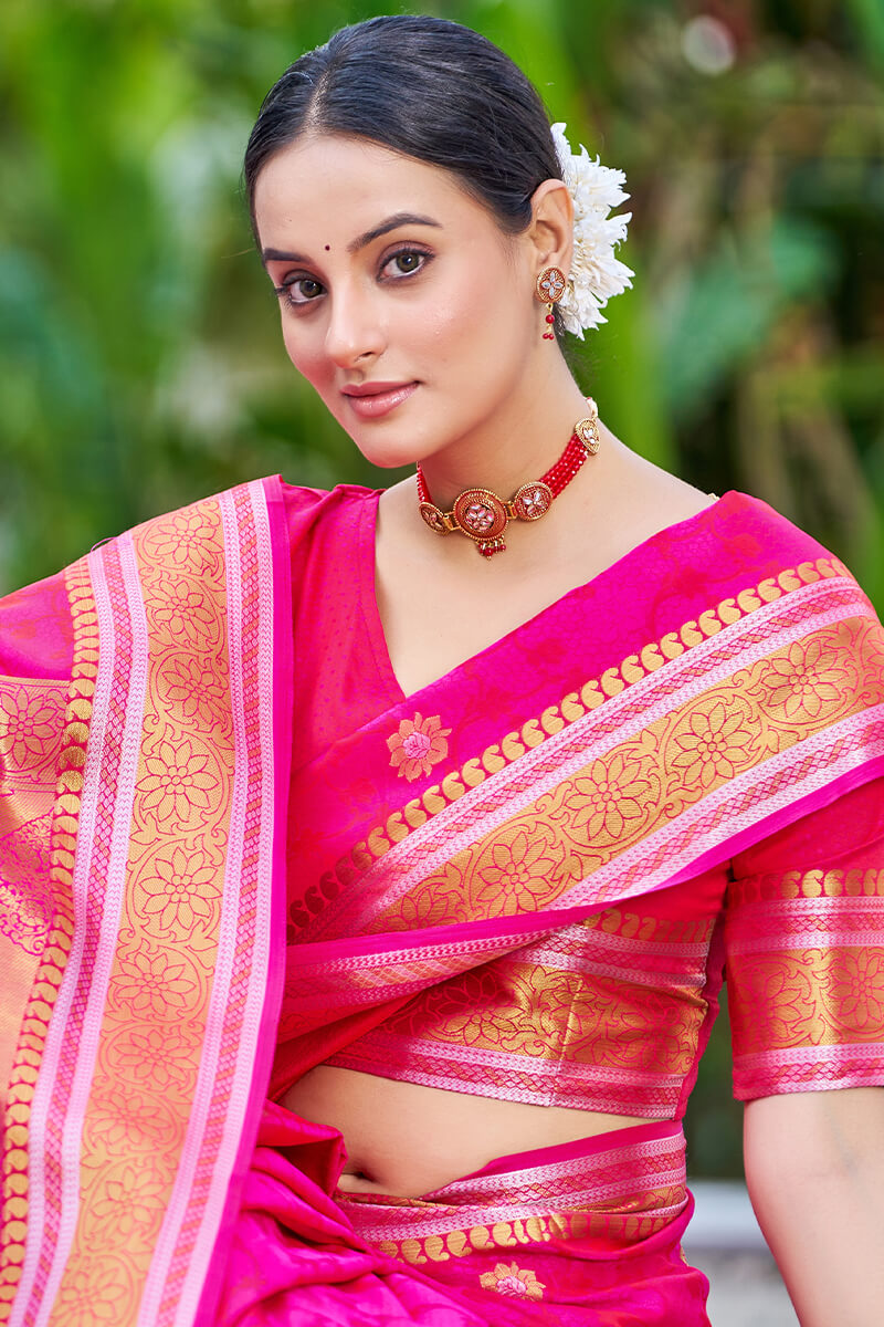 Petrichor Dark Pink Kanjivaram Silk Saree With Angelic Blouse Piece