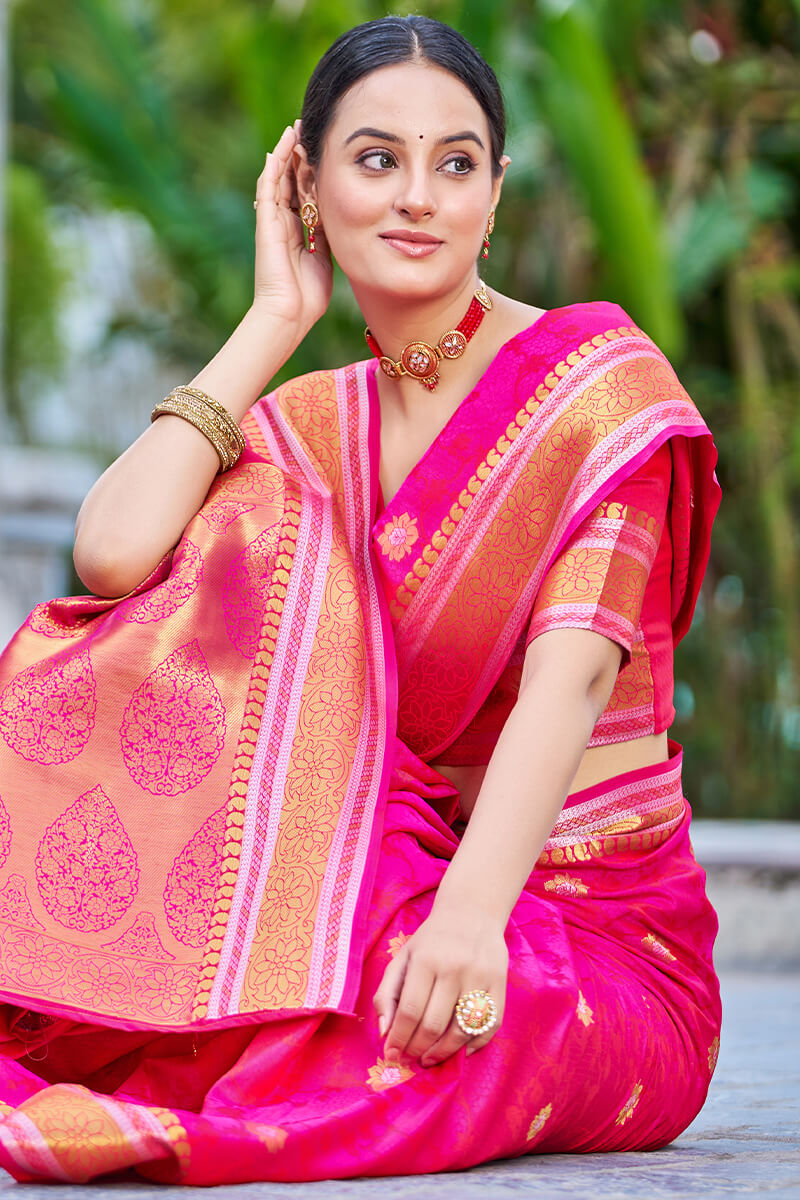 Petrichor Dark Pink Kanjivaram Silk Saree With Angelic Blouse Piece