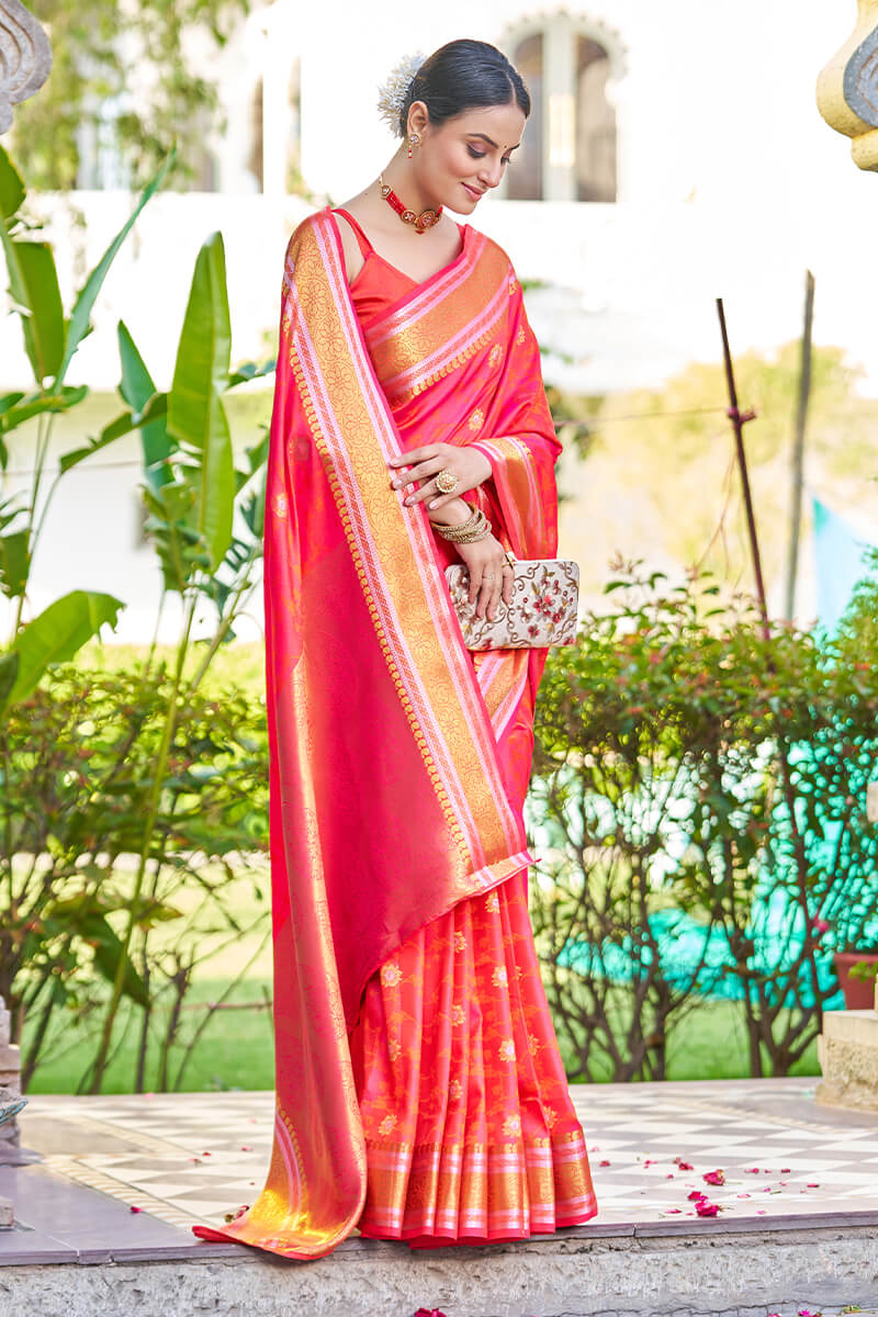 Jazzy Pink Kanjivaram Silk Saree With Seraglio Blouse Piece