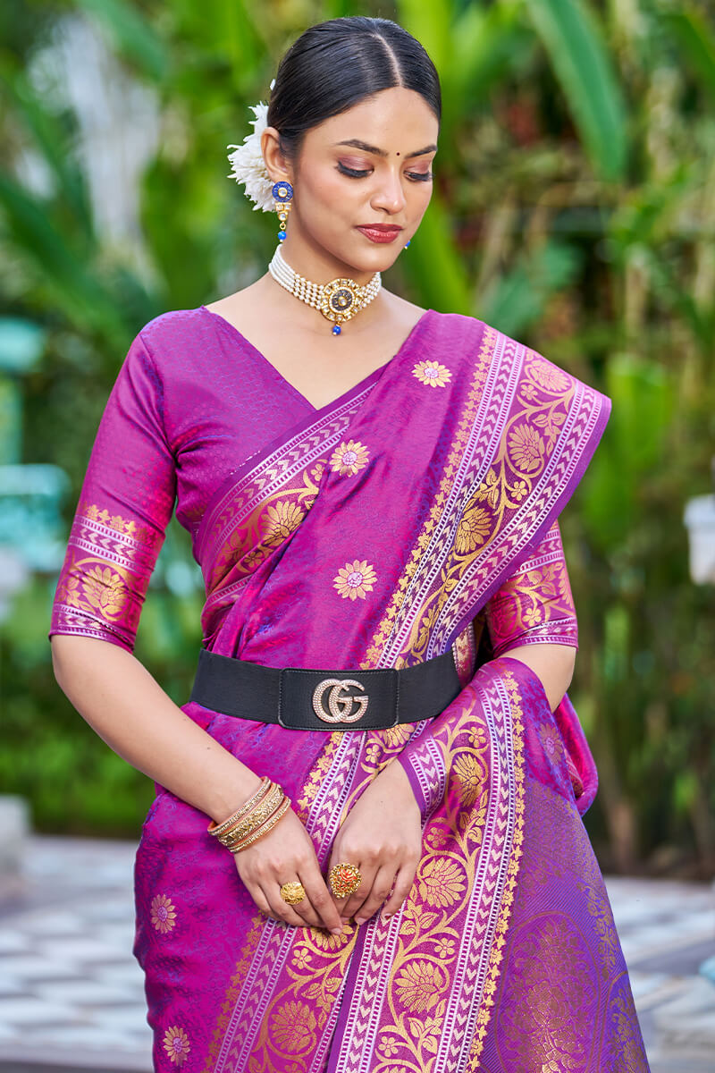 Designer Purple Kanjivaram Silk Saree With Redolent Blouse Piece