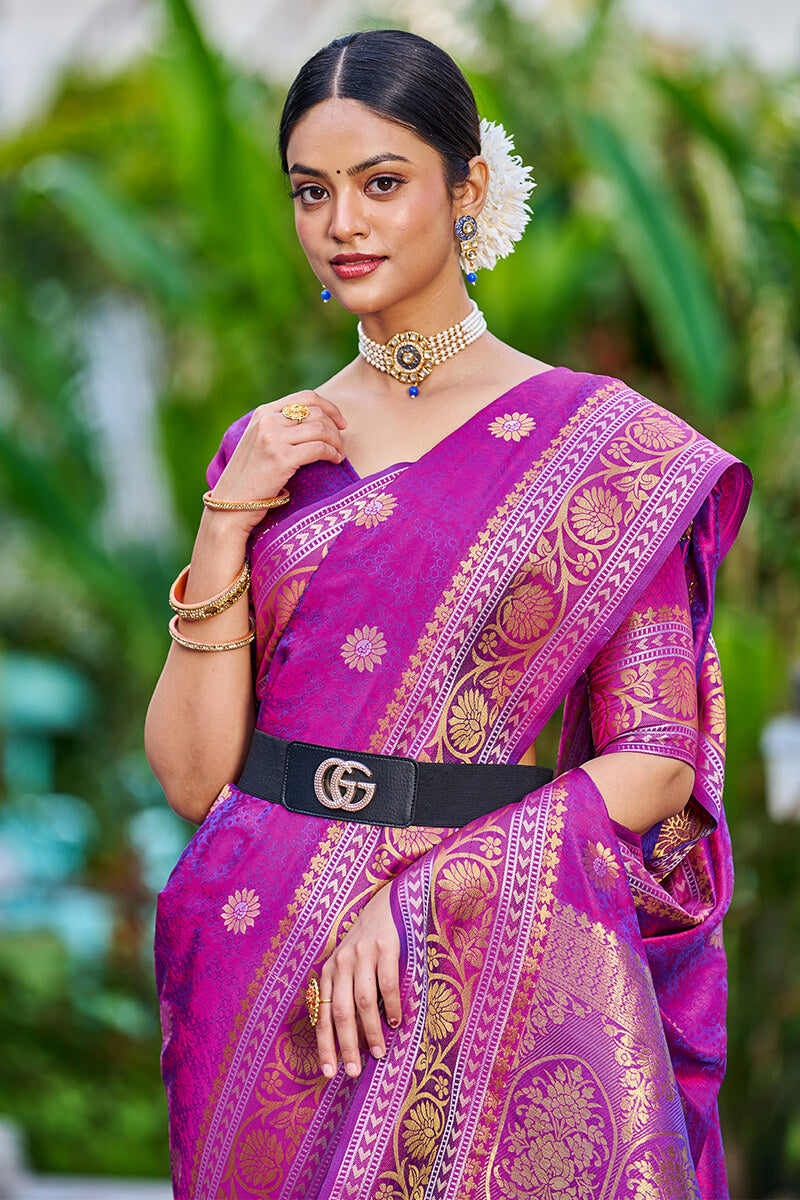 Designer Purple Kanjivaram Silk Saree With Redolent Blouse Piece