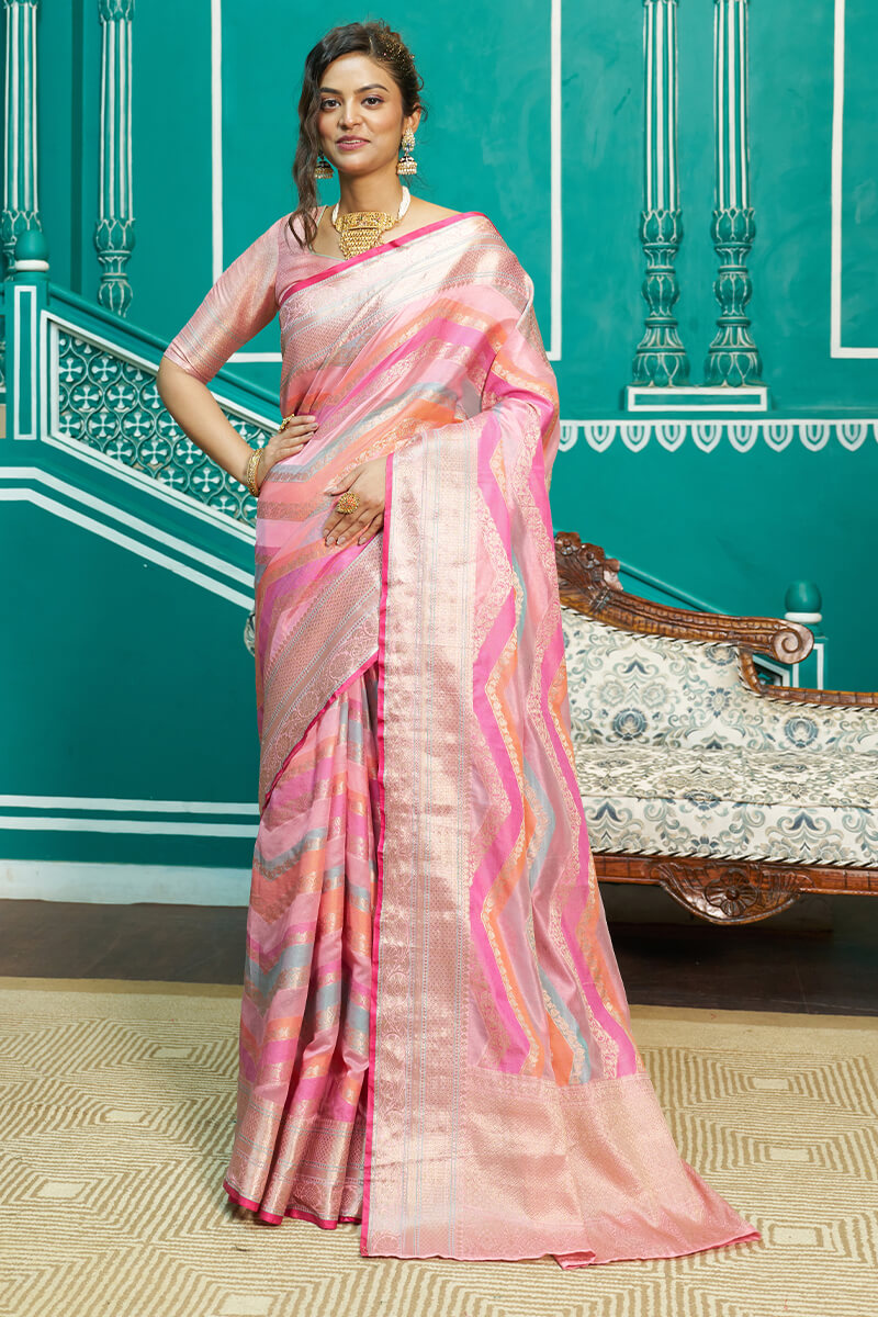 Felicitous Baby Pink Organza Silk Saree With Embrocation Blouse Piece