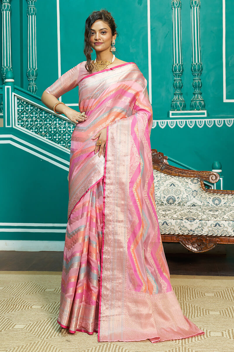 Felicitous Baby Pink Organza Silk Saree With Embrocation Blouse Piece