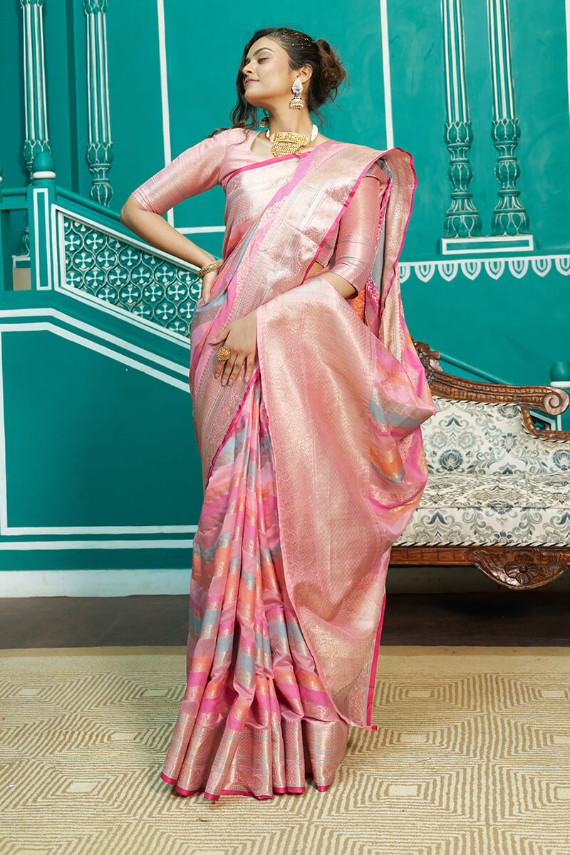 Felicitous Baby Pink Organza Silk Saree With Embrocation Blouse Piece