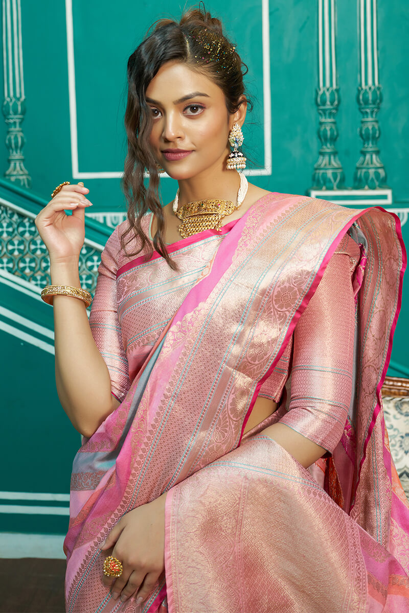 Felicitous Baby Pink Organza Silk Saree With Embrocation Blouse Piece