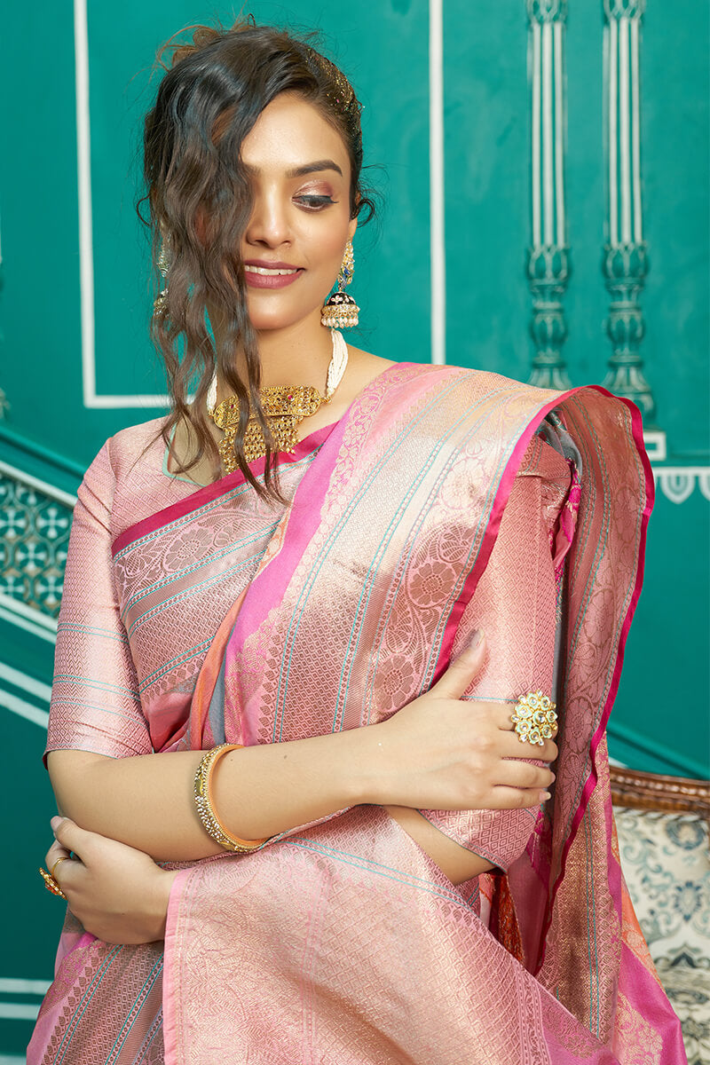 Felicitous Baby Pink Organza Silk Saree With Embrocation Blouse Piece