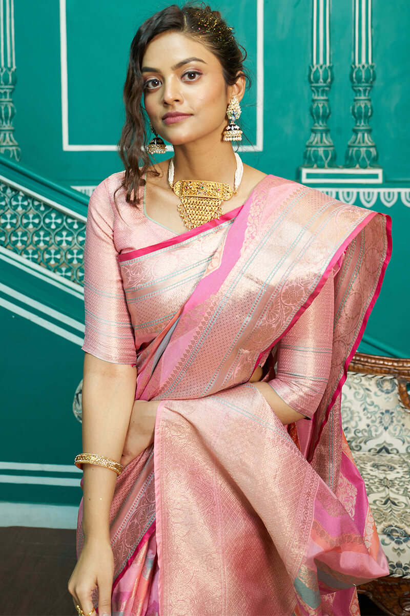 Felicitous Baby Pink Organza Silk Saree With Embrocation Blouse Piece