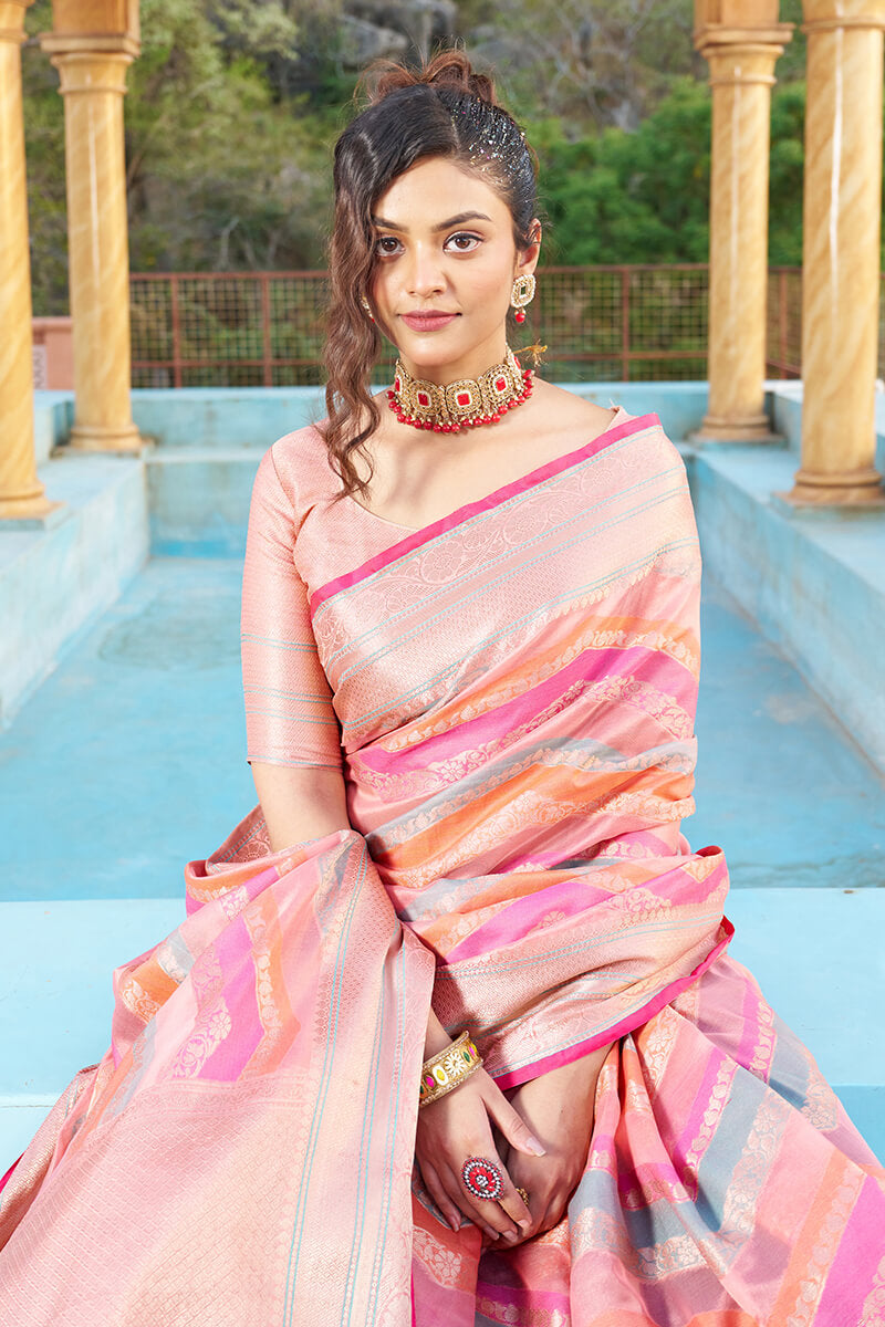 Ailurophile Pink Organza Silk Saree With Ornate Blouse Piece