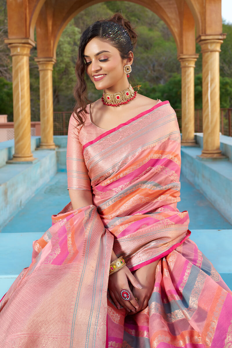 Ailurophile Pink Organza Silk Saree With Ornate Blouse Piece