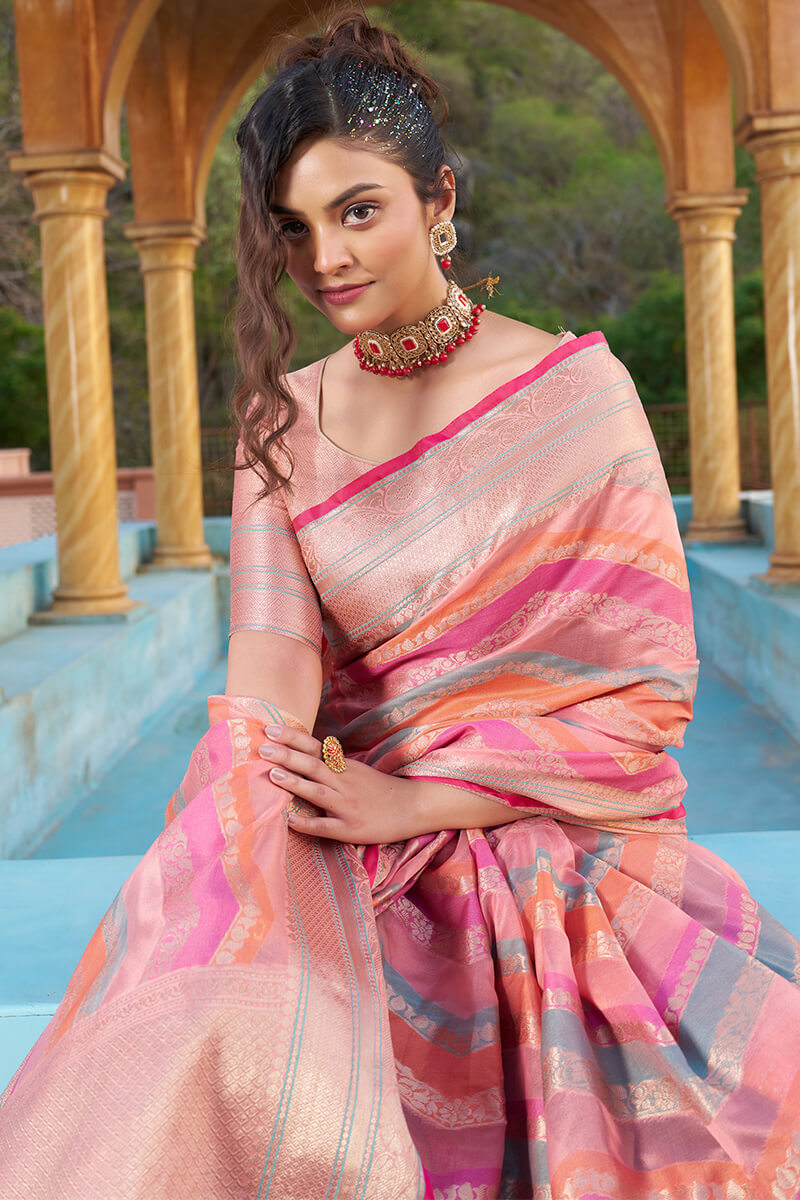 Ailurophile Pink Organza Silk Saree With Ornate Blouse Piece