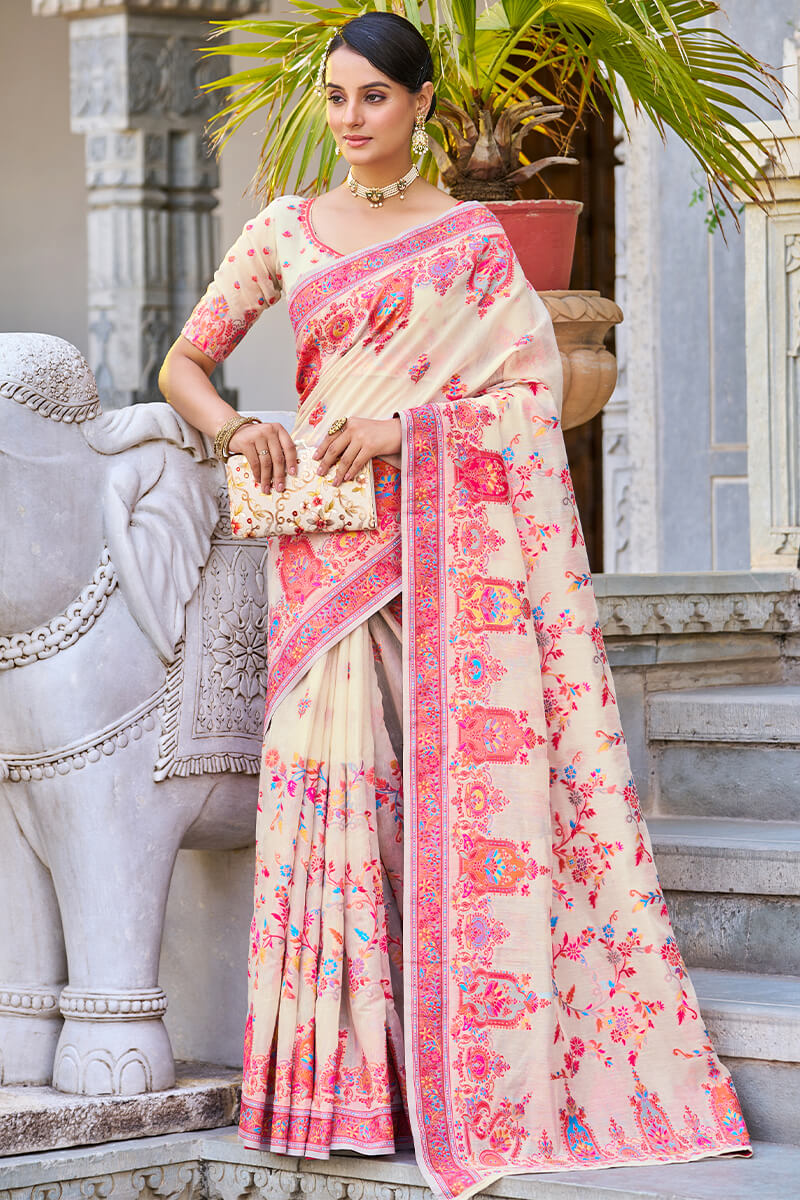 Gorgeous Beige Pashmina saree With Eclat Blouse Piece