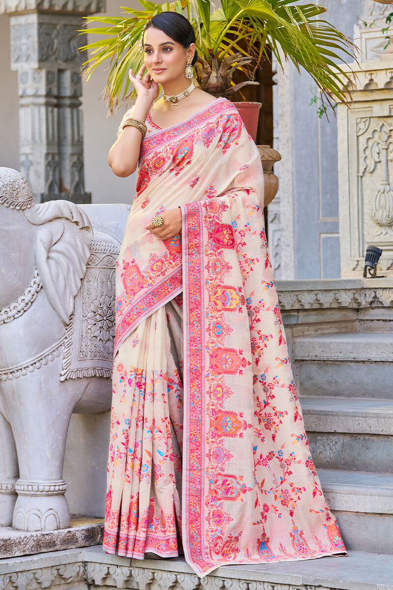 Gorgeous Beige Pashmina saree With Eclat Blouse Piece